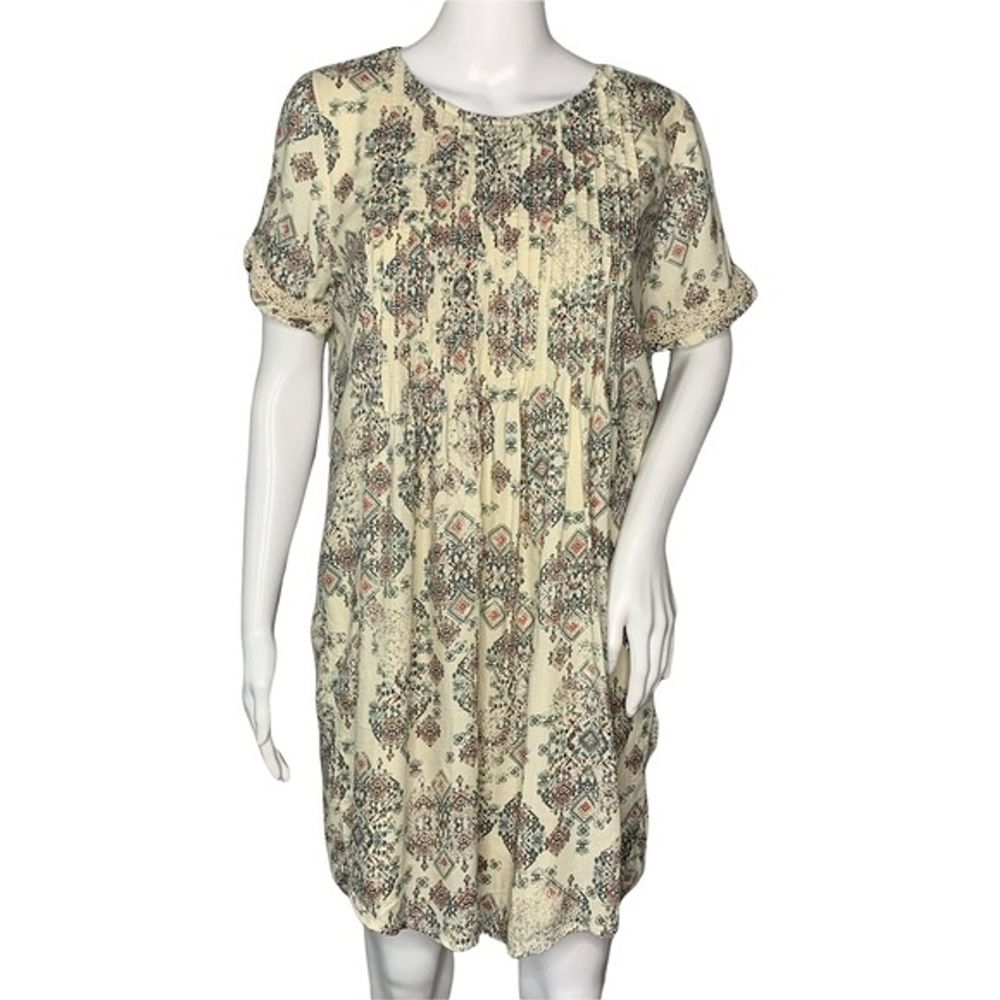 Lucky Brand Dress Womens XS Cream Multicolored Geometric Boho Bohemian Peasant
